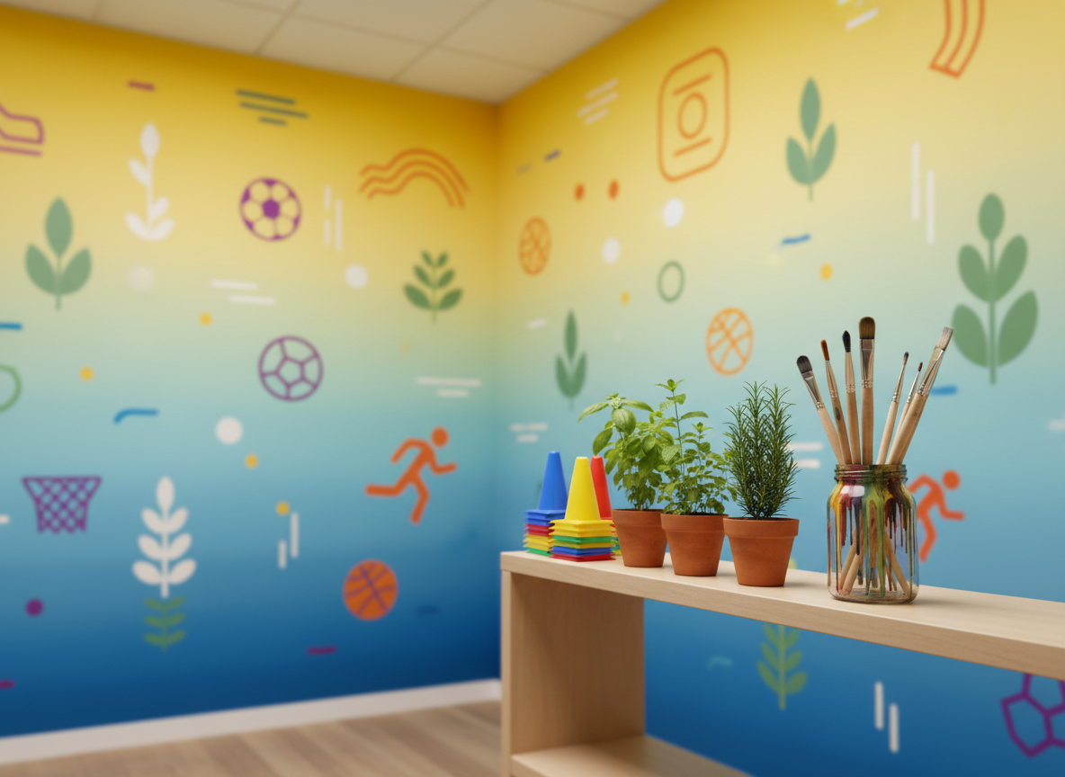 An inviting indoor studio corner with one wall painted in a gradient mural of calming blues and sunny yellows, featuring abstract plant shapes and playful geometric sports icons. In front of the wall, a low shelf displays small potted herbs, a neatly stacked set of colorful soccer cones, and a row of paintbrushes standing in a clear jar with dried paint drips. Soft studio lighting from an unseen source creates gentle, even illumination and subtle reflections on the glossy plant leaves and brush handles. Photographed at eye level with a shallow depth of field that keeps the shelf and mural in focus while slightly blurring the floor and ceiling, the photographic realism and vibrant palette combine to convey a nurturing, youth-centered healing environment without showing any people.