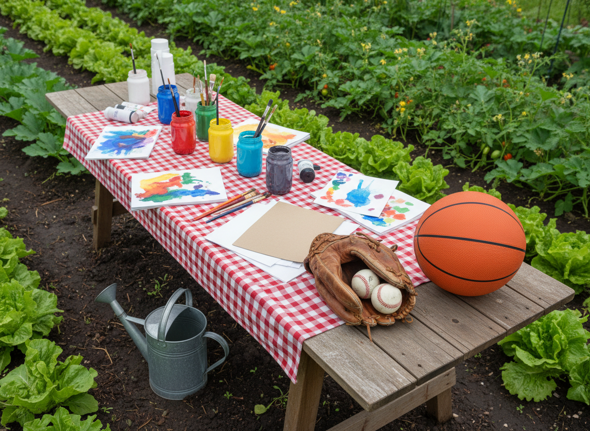 A long, rustic wooden table set outdoors beside thriving vegetable rows, covered with art supplies and sports gear: jars of vivid acrylic paints, stacks of textured paper, a smooth basketball, and a worn leather baseball glove, all neatly arranged on a checkered cloth. Nearby, a watering can beads with droplets against dark, fertile soil. Soft, diffused overcast light creates even illumination, highlighting textures without harsh shadows. Shot from a three-quarter overhead perspective with sharp focus across the frame, the photographic style feels warm and playful. The atmosphere suggests a safe, collaborative space where nature, creativity, and physical play are tools for youth trauma recovery, clearly conveyed through objects instead of people.