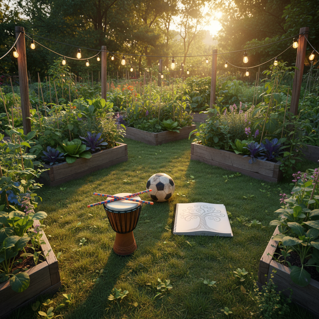 A circular clearing in a green urban garden where a soccer ball, a pair of brightly colored drumsticks resting on a djembe, and a sketchbook open to a half-finished drawing form a neat triangle on soft grass. Raised garden beds overrun with leafy vegetables surround the space, and string lights hang between reclaimed wooden posts. Golden hour sunlight filters through leaves, creating dappled patterns on the ground and a gentle glow on each object. Captured from a slightly elevated angle with rich photographic realism, the composition uses the rule of thirds to balance arts, agriculture, and sports, conveying a playful yet calm mood that hints at trauma healing through creative, outdoor activities—without any human presence.
