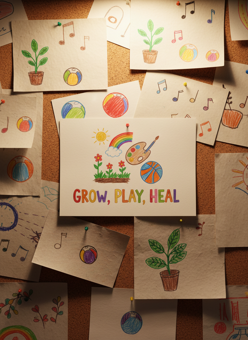 A close-up of a textured cork bulletin board in a cozy community room, covered with overlapping handmade cards and illustrated affirmation posters featuring simple, childlike drawings of plants, balls, and musical notes. Among them, a central card shows a small garden, a paint palette, and a basketball encircled by the words “Grow, Play, Heal” in bright, playful lettering. Soft warm light from a nearby lamp creates a cozy glow, emphasizing the fibers of the paper and the grain of the cork while casting gentle shadows from the pinned corners. Captured straight-on with photographic realism and moderate depth of field, the composition centers the main affirmation, creating a hopeful, supportive mood that reflects youth trauma healing through creative outlets, all without any human figures.