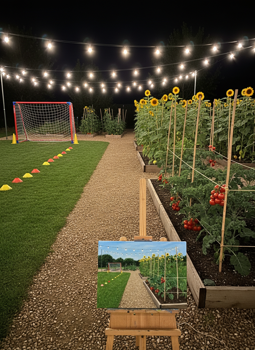 A nighttime community garden scene where a small, well-maintained sports field meets orderly vegetable plots, separated by a curving gravel path. On one side, a brightly colored goalpost stands beside neatly arranged cones; on the other, raised beds overflow with kale, tomatoes, and sunflowers supported by twine. Overhead, warm string lights zigzag above the path, casting a soft amber glow and gentle shadows on soil and grass. In the foreground, an easel holds a half-finished canvas depicting the same garden under daylight. Shot from a wide, slightly low angle in photographic realism, the composition leads the eye along the path, creating a magical yet grounded mood that suggests a safe evening sanctuary for youth healing, without any visible people.