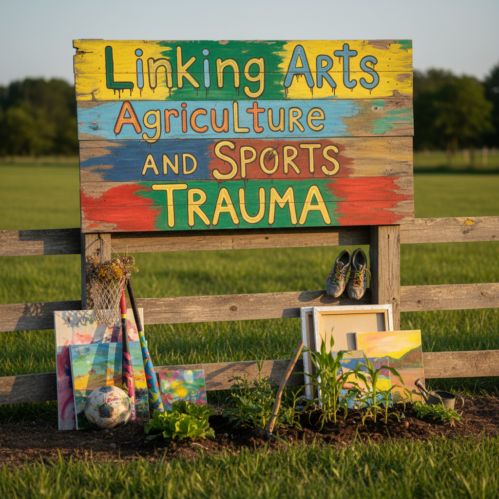 A brightly painted wooden sign displaying the words “Linking Arts Agriculture and Sports Trauma” in playful, hand-lettered fonts, mounted on a weathered fence at the edge of a lush community field. Around the sign, vibrant sports equipment, paint-splattered canvases, and small garden beds with sprouting vegetables create a lively, inviting scene. Soft late-afternoon sunlight washes over the area, casting long, gentle shadows and warm highlights on the textures of wood, soil, and fabric. Photographed at eye level with a subtle depth of field that keeps the sign crisply in focus while softly blurring the background, the photographic realism emphasizes a hopeful, welcoming atmosphere that suggests healing and growth without showing any people.