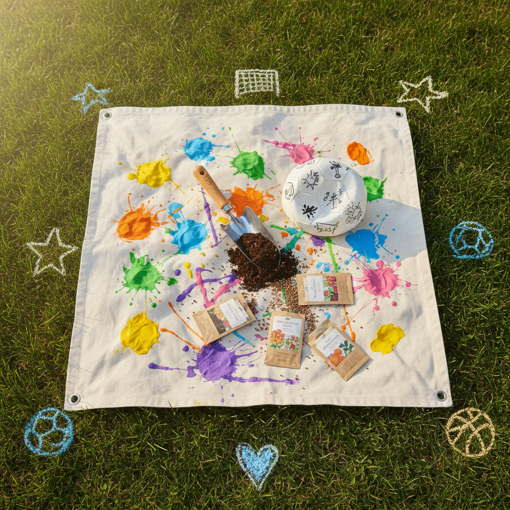 An overhead photographic view of an outdoor tarp spread on short, vivid green turf, splattered with non-toxic paint in joyful colors. On the tarp lie a small gardening trowel dusted with potting soil, a deflated soccer ball with hand-drawn doodles, and seed packets spilling tiny, detailed seeds. Around the edge, chalk outlines of stars, hearts, and simple sports symbols mark the boundary where art, play, and gardening meet. Soft mid-morning sunlight casts faint, playful shadows and enhances the saturation of colors. The photographic realism, combined with the top-down composition, creates a dynamic yet safe-feeling scene that symbolizes youth processing trauma through messy, hands-on engagement with arts, agriculture, and sports, while avoiding any depiction of people.